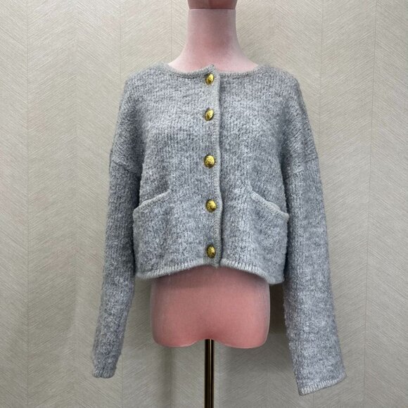 GAP Light Heather Grey Boucle Cropped Sweater Womens Size M Petite - Picture 2 of 14